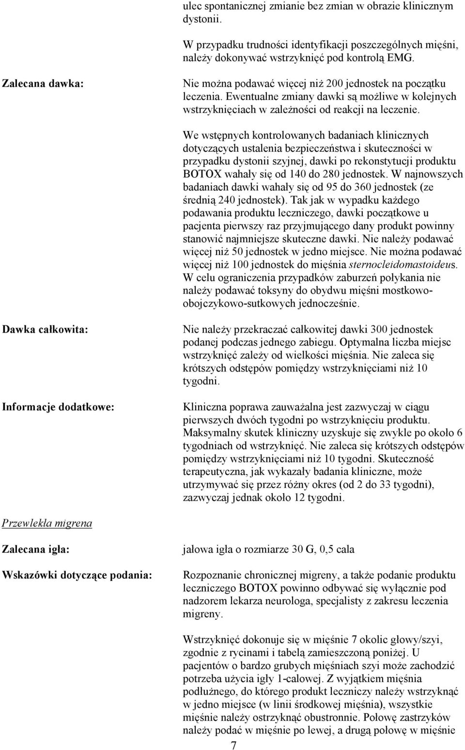 We wstępnych kontrolowanych badaniach klinicznych dotyczących ustalenia bezpieczeństwa i skuteczności w przypadku dystonii szyjnej, dawki po rekonstytucji produktu BOTOX wahały się od 140 do 280