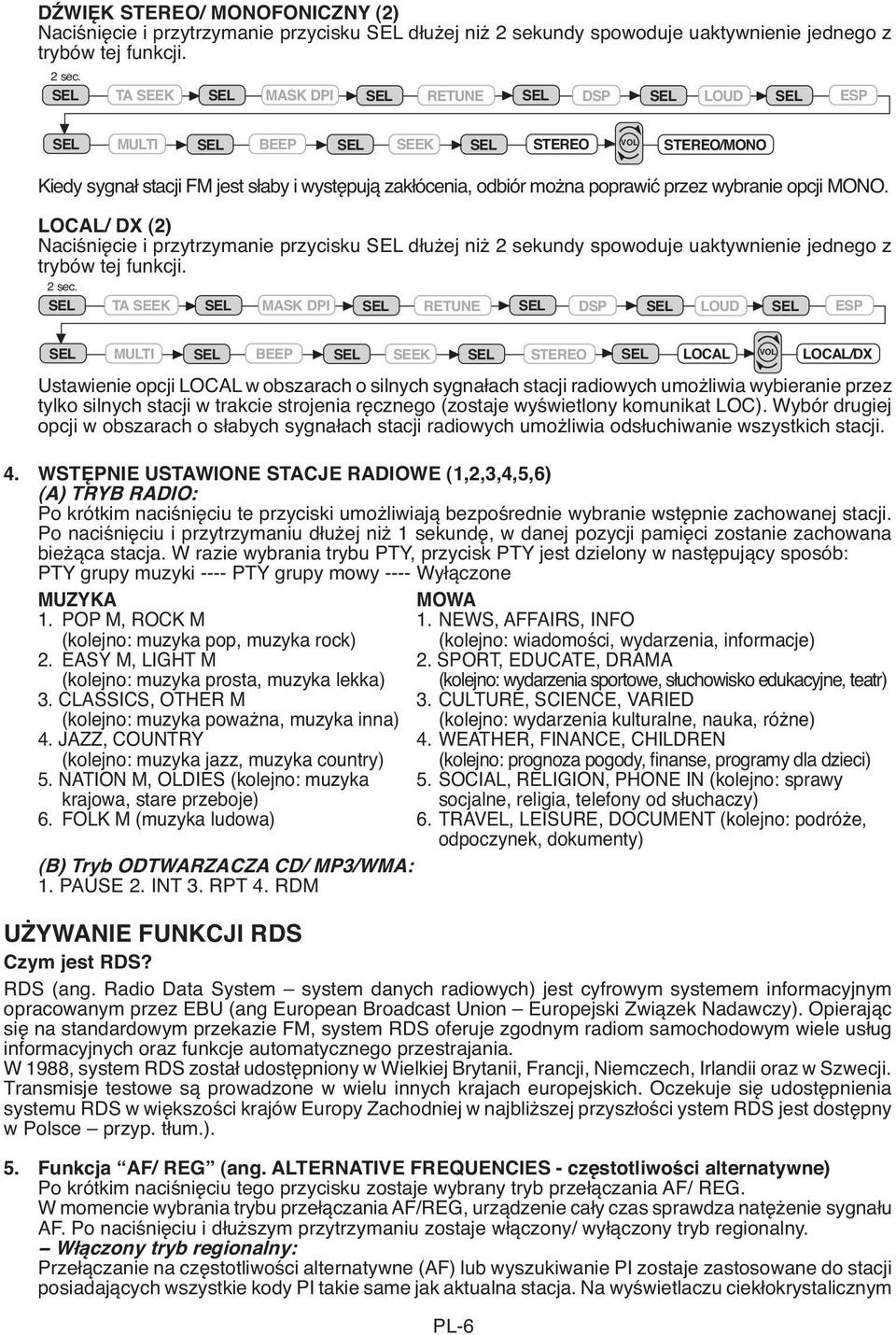 LOCAL/ DX (2) Naciśnięcie i przytrzymanie przycisku dłużej niż 2 sekundy spowoduje uaktywnienie jednego z DSP LOUD ESP MULTI BEEP SEEK STEREO LOCAL LOCAL/DX Ustawienie opcji LOCAL w obszarach o