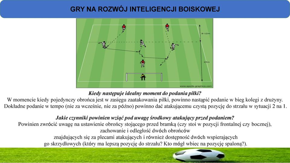 Dokładne podanie w tempo (nie za wcześnie, nie za późno) powinno dać atakującemu czystą pozycję do strzału w sytuacji 2 na 1.