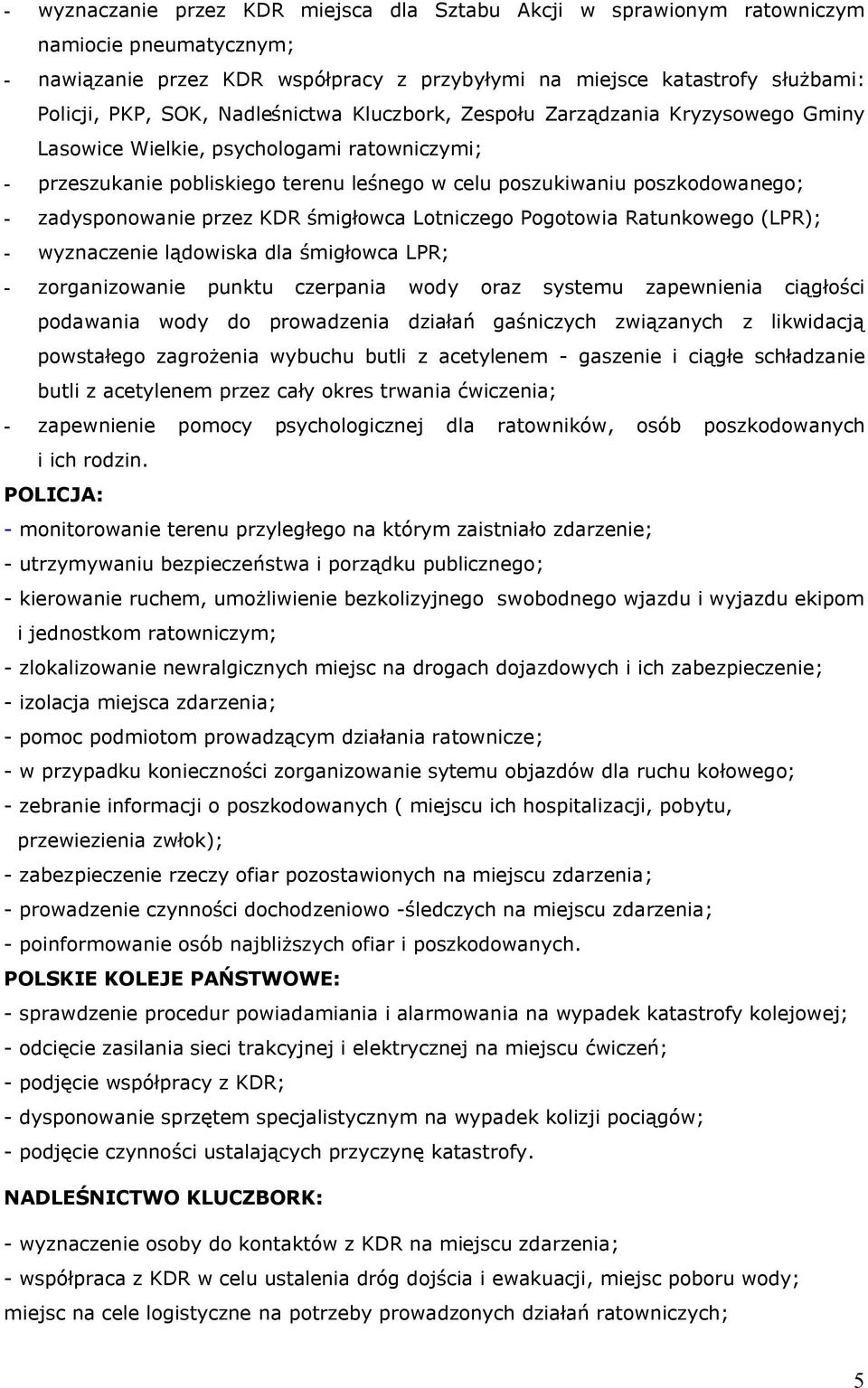 zadysponowanie przez KDR śmigłowca Lotniczego Pogotowia Ratunkowego (LPR); - wyznaczenie lądowiska dla śmigłowca LPR; - zorganizowanie punktu czerpania wody oraz systemu zapewnienia ciągłości