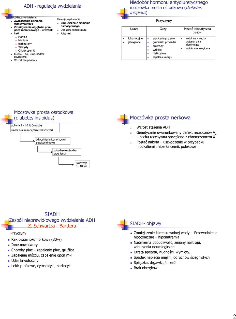 Niedobór hormonu antydiuretycznego moczówka prosta ośrodkowa (diabetes insipidus) Urazy lokomocyjne jatrogenne Przyczyny Guzy craniopharyngioma gruczolaki przysadki przerzuty torbiele histiocytoza