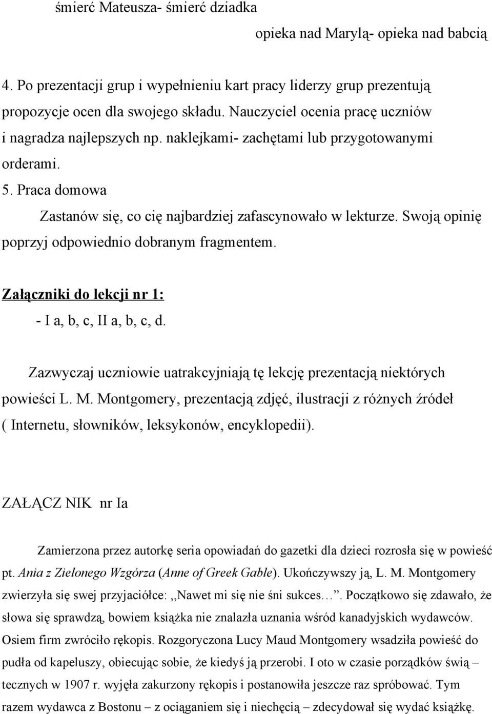 Swoją opinię poprzyj odpowiednio dobranym fragmentem. Załączniki do lekcji nr 1: - I a, b, c, II a, b, c, d. Zazwyczaj uczniowie uatrakcyjniają tę lekcję prezentacją niektórych powieści L. M.