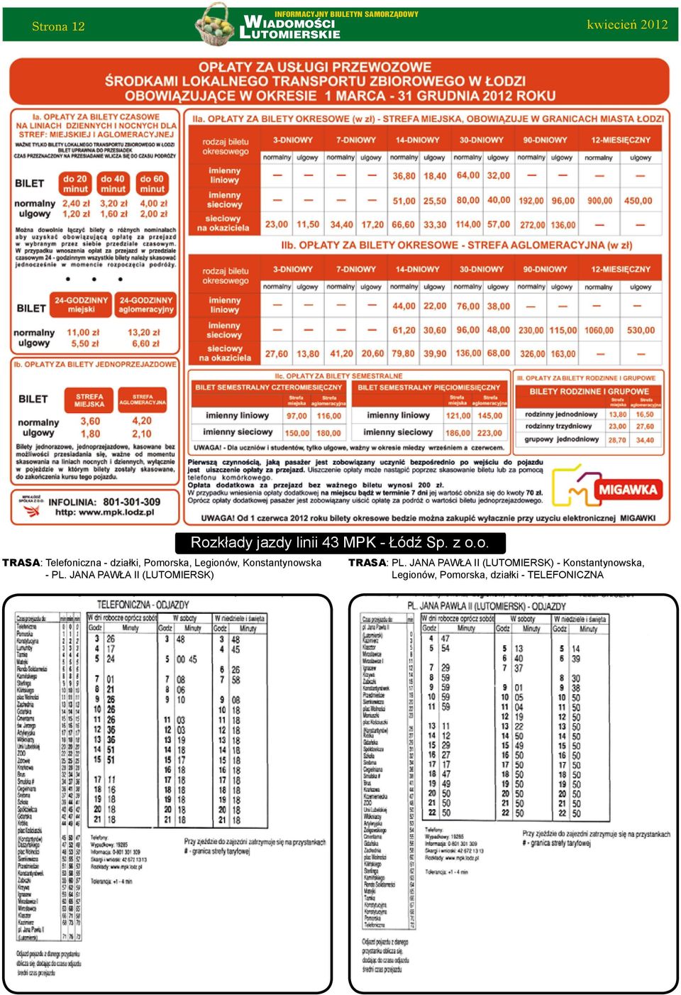 JANA PAWŁA II (LUTOMIERSK) Rozkłady jazdy linii 43 MPK - Łódź