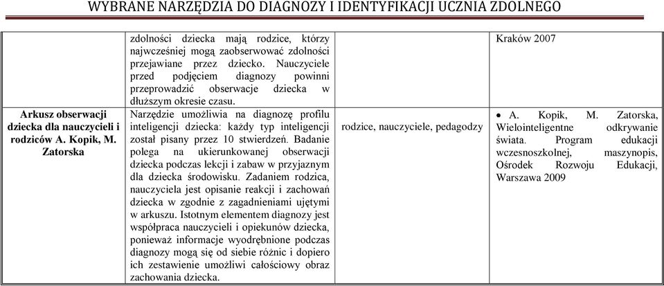 Narzędzie umożliwia na diagnozę profilu inteligencji dziecka: każdy typ inteligencji został pisany przez 10 stwierdzeń.