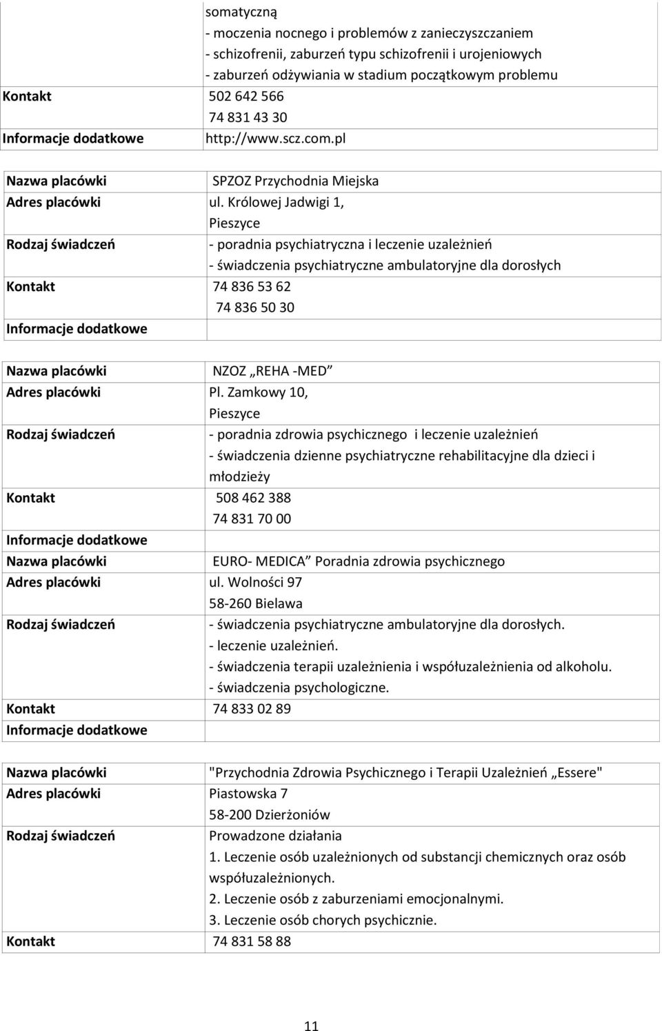 Królowej Jadwigi 1, Pieszyce - poradnia psychiatryczna i leczenie uzależnień - świadczenia psychiatryczne ambulatoryjne dla dorosłych Kontakt 74 836 53 62 74 836 50 30 NZOZ REHA -MED Adres placówki