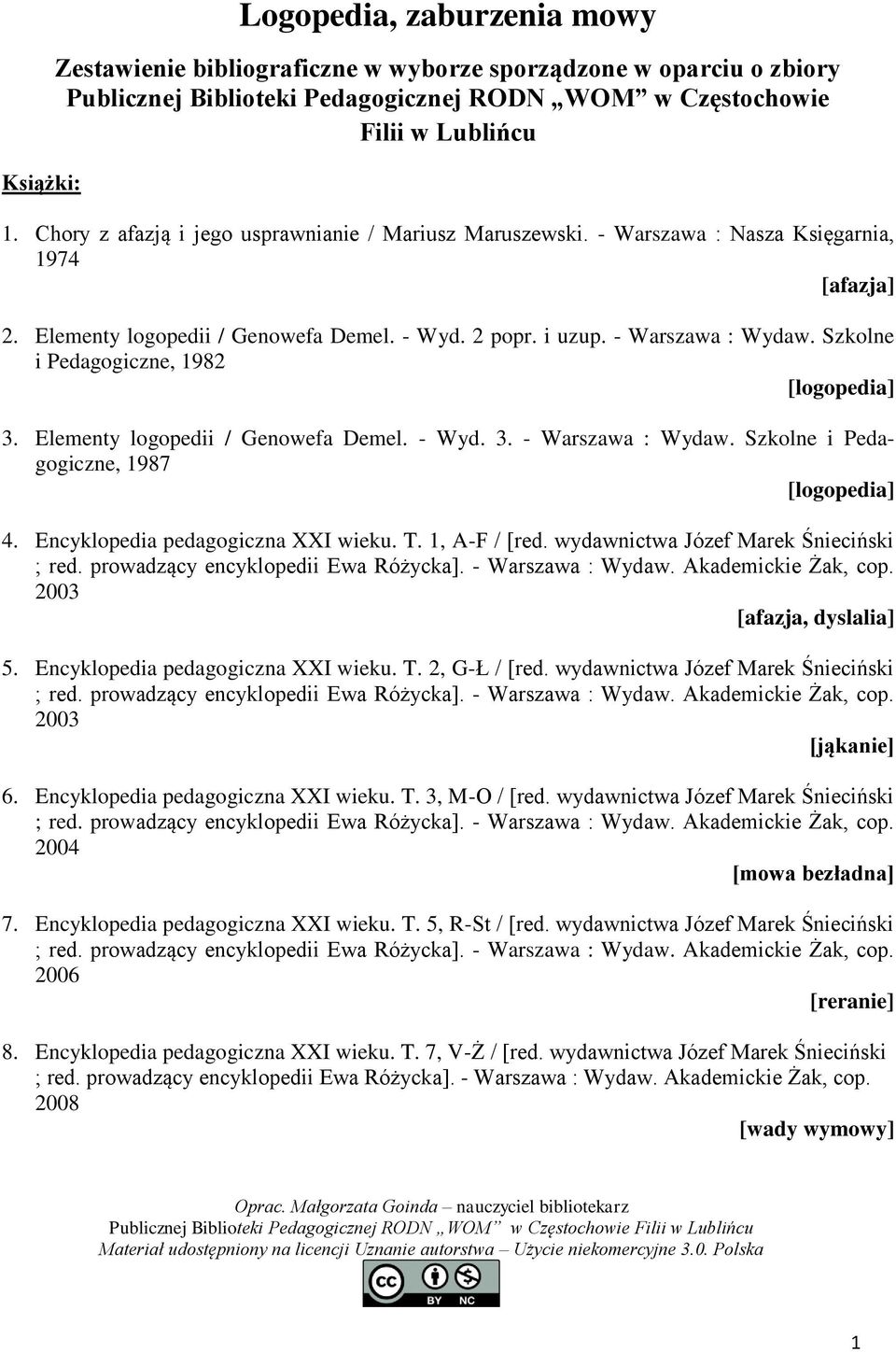 Szkolne i Pedagogiczne, 1982 3. Elementy logopedii / Genowefa Demel. - Wyd. 3. - Warszawa : Wydaw. Szkolne i Pedagogiczne, 1987 4. Encyklopedia pedagogiczna XXI wieku. T. 1, A-F / [red.