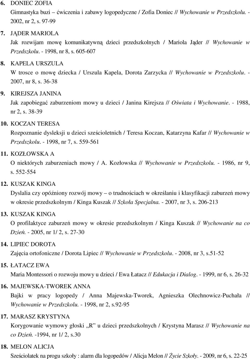 KAPELA URSZULA W trosce o mowę dziecka / Urszula Kapela, Dorota Zarzycka // Wychowanie w Przedszkolu. - 2007, nr 8, s. 36-38 9.