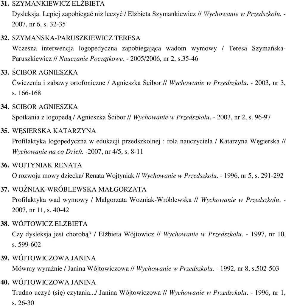 ŚCIBOR AGNIESZKA Ćwiczenia i zabawy ortofoniczne / Agnieszka Ścibor // Wychowanie w Przedszkolu. - 2003, nr 3, s. 166-168 34.