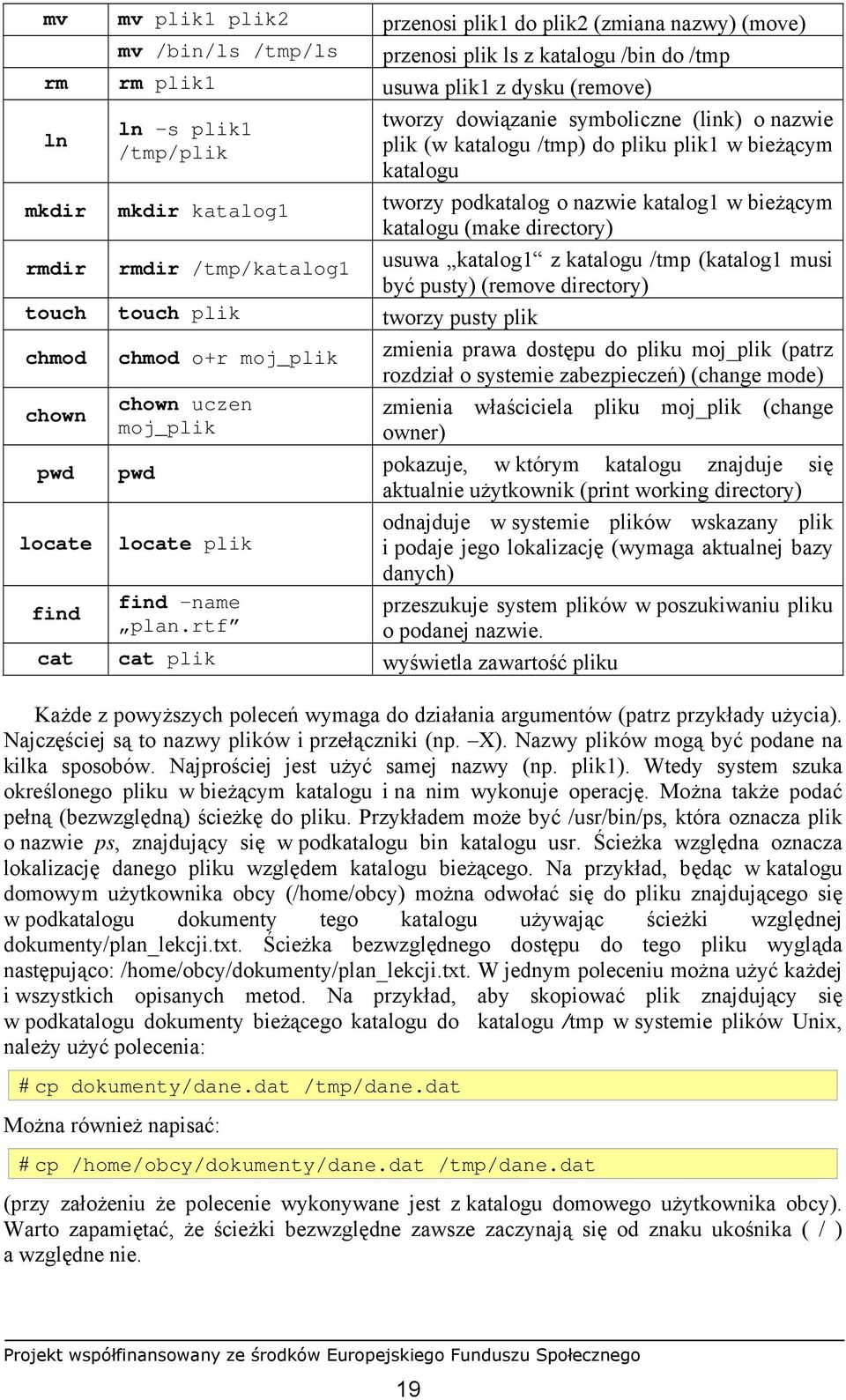 rmdir /tmp/katalog1 usuwa katalog1 z katalogu /tmp (katalog1 musi być pusty) (remove directory) touch touch plik tworzy pusty plik chmod chmod o+r moj_plik zmienia prawa dostępu do pliku moj_plik