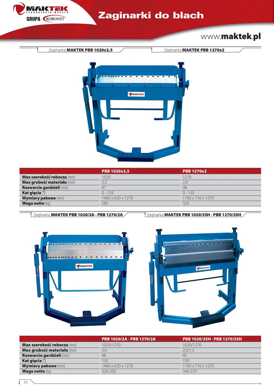 Waga netto [kg] PBB 1020x2,5 1020 2,5 47 0-135 1460 x 620 x 1270 285 PBB 1270x2 1270 2,0 48 0-135 1700 x 710 x 1270 320 Zaginarka MAKTEK PBB 1020/2A - PBB 1270/2A Zaginarka