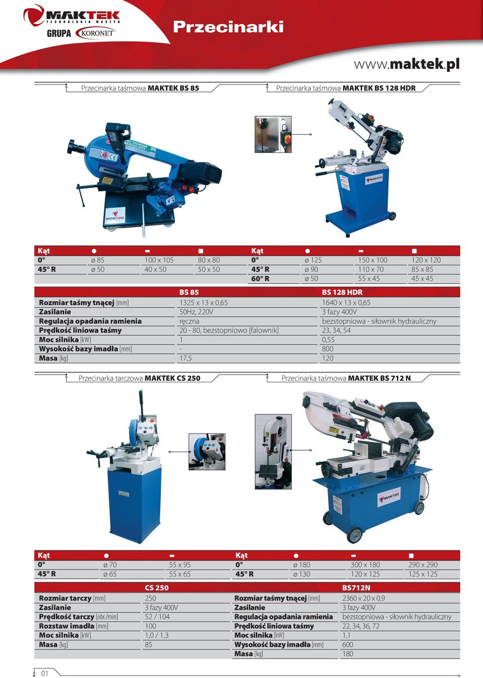 imadła [mm] Masa [kg] 100 x 105 40 x 50 Przecinarka tarczowa MAKTEK CS 250 80 x 80 50 x 50 Kąt 0 45 R 60 R BS 85 1325 x 13 x 0,65 50Hz, 220V ręczna 20-80, bezstopniowo [falownik] 1-17,5 ø 125 ø 90 ø