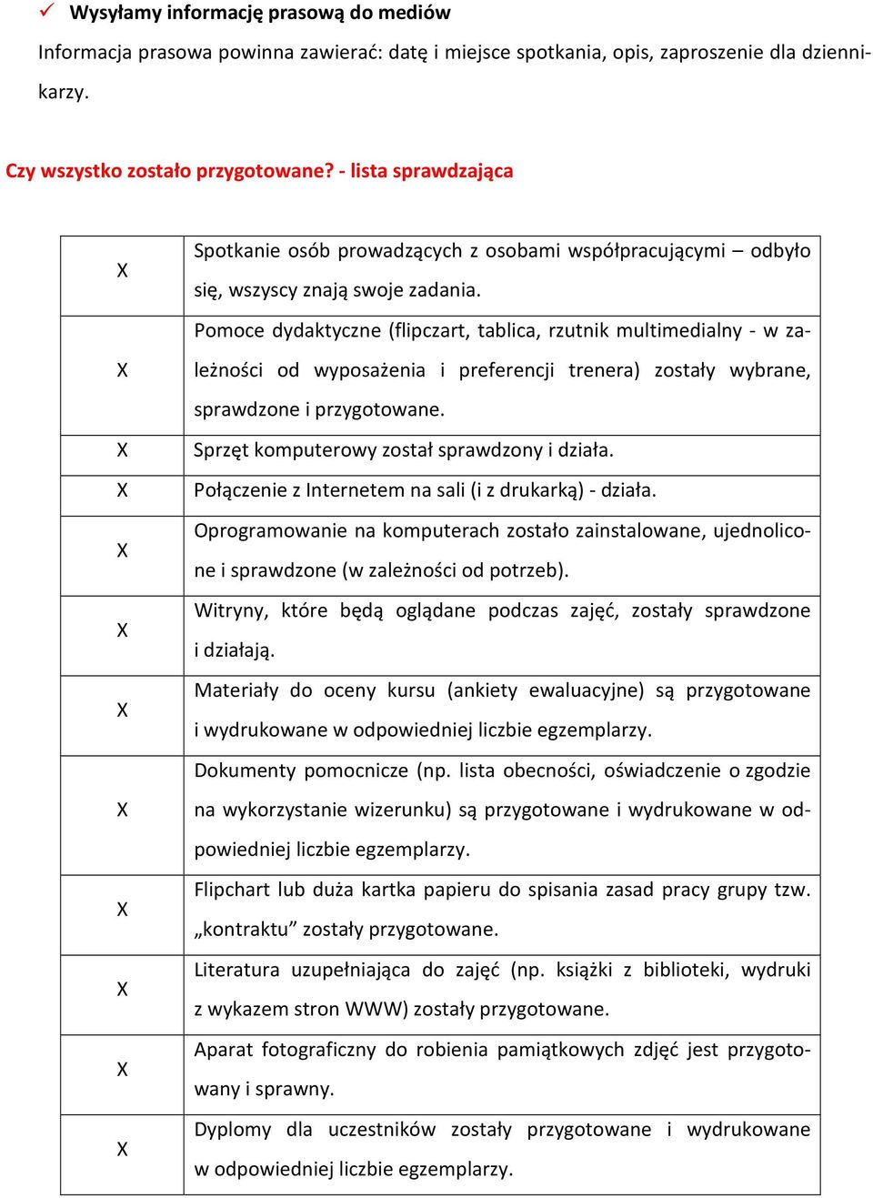 Pomoce dydaktyczne (flipczart, tablica, rzutnik multimedialny - w zależności od wyposażenia i preferencji trenera) zostały wybrane, sprawdzone i przygotowane.