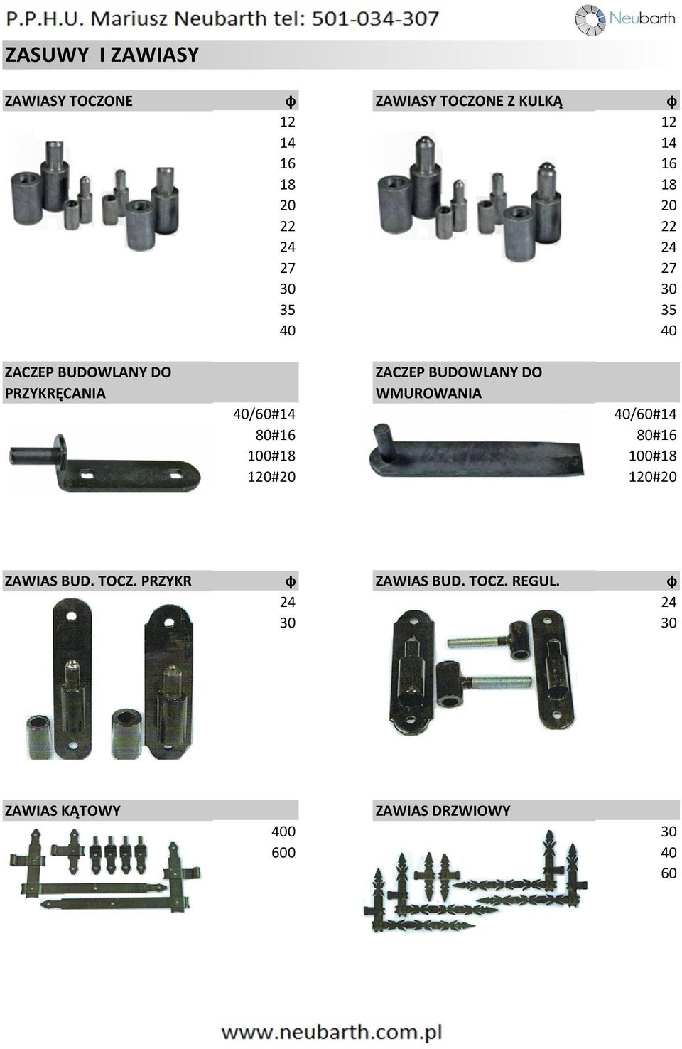 WMUROWANIA 40/60#14 40/60#14 80#16 80#16 100#18 100#18 120#20 120#20 ZAWIAS BUD. TOCZ.