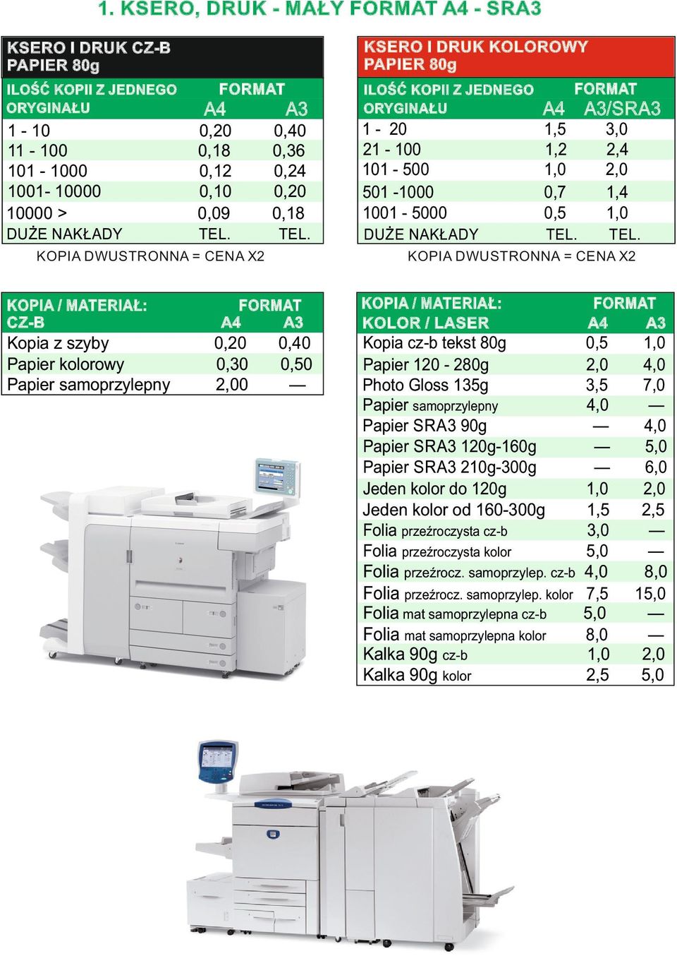 TEL. A3/SRA3 KOPIA DWUSTRONNA = CENA X2 A3 0,20 0,30 2,00 ILOŚĆ KOPII Z JEDNEGO ORYGINAŁU 0,40 0,50 KOPIA / MATERIAŁ: KOLOR / LASER Kopia cz-b tekst 80g Papier 20-280g Photo Gloss 35g Papier