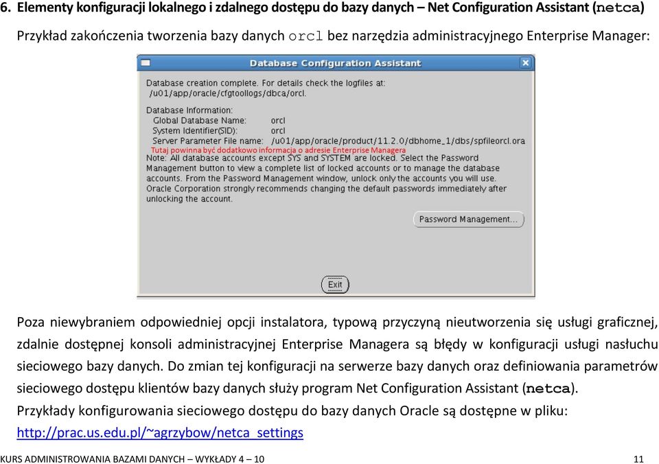 konfiguracji usługi nasłuchu sieciowego bazy danych.