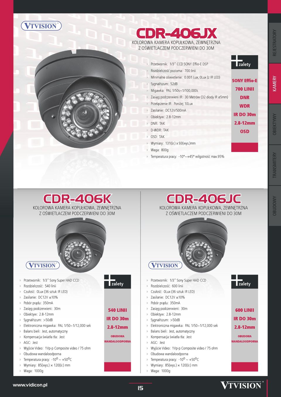 DC12V/500mA IR DO 30m Obiektyw: 2.8-12mm DNR: TAK 2.8-12mm D-: TAK : TAK Wymiary: 131(śr.) x 93(wys.)mm Waga: 800g Temperatura pracy: -10 ~+45 wilgotność max.