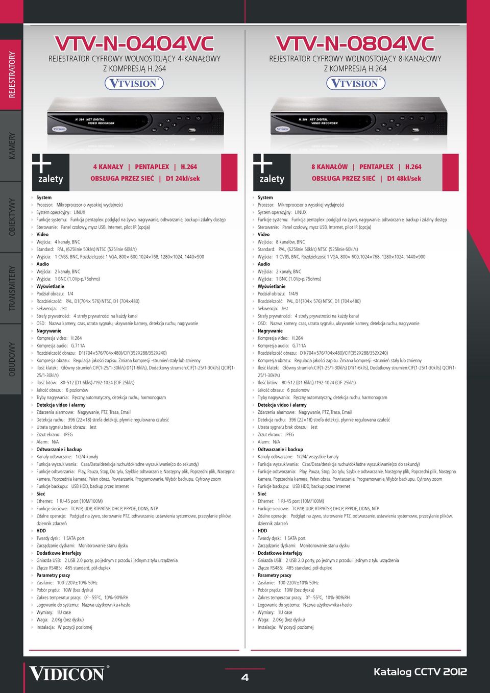 264 OBSŁUGA PRZEZ SIEĆ D1 48kl/sek OBIEKTYWY TRANSMITERY System Procesor: Mikroprocesor o wysokiej wydajności System operacyjny: LINUX Funkcje systemu: Funkcja pentaplex: podgląd na żywo, nagrywanie,