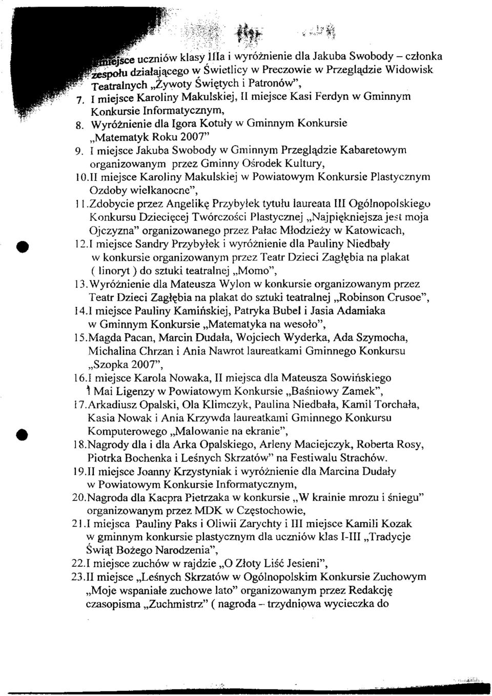 I miejsce Jakuba Swobody w Gminnym Przegla^dzie Kabaretowym organizowanym przez Gminny Osrodek Kultury, 10.11 miejsce Karoliny Makulskiej w Powiatowym Konkursie Plastycznym Ozdoby wielkanocne", 11.