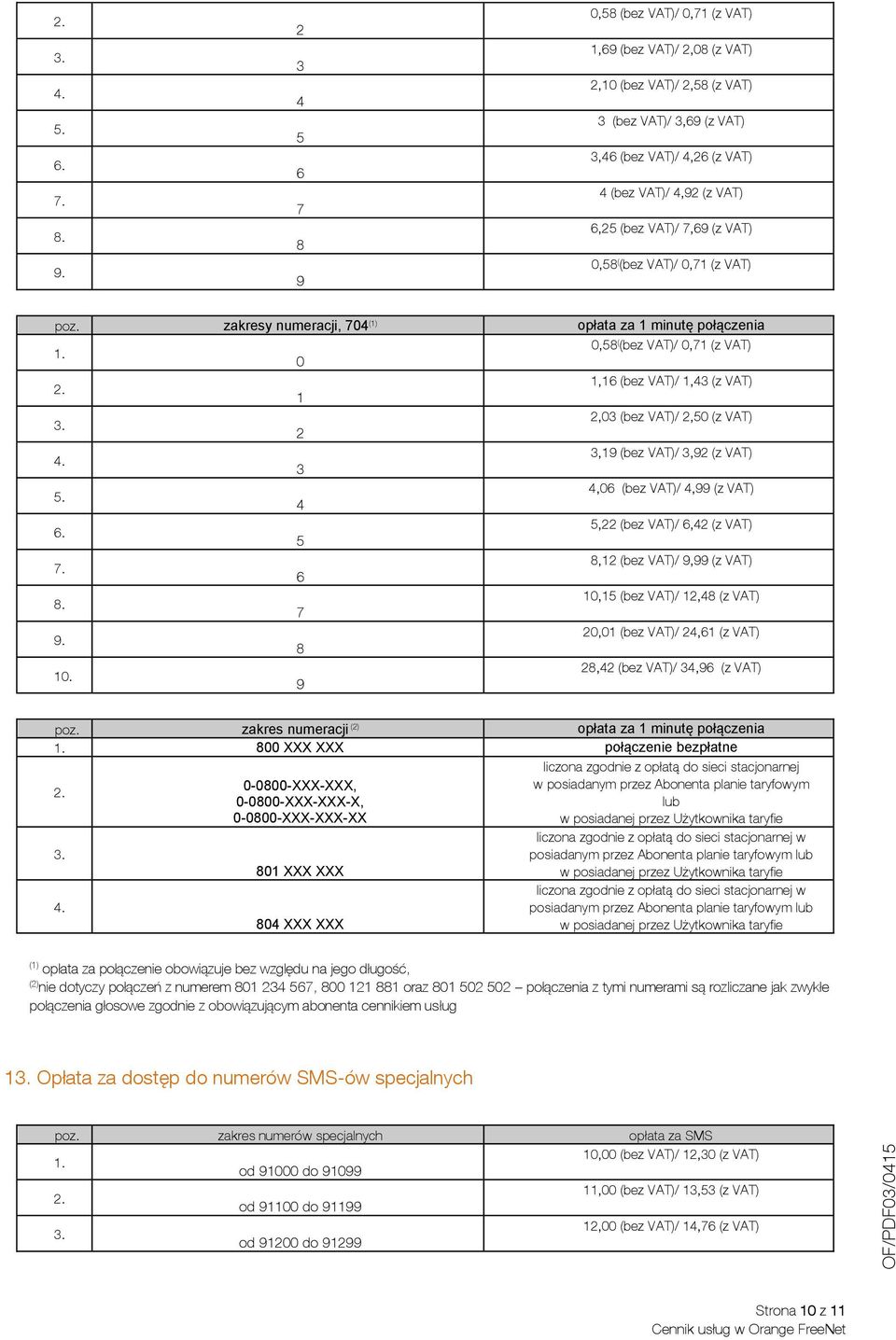 7,69 (z VAT) 0,58 ( (bez VAT)/ 0,71 (z VAT) poz. zakresy numeracji, 704 (1) opłata za 1 minutę połączenia 1.