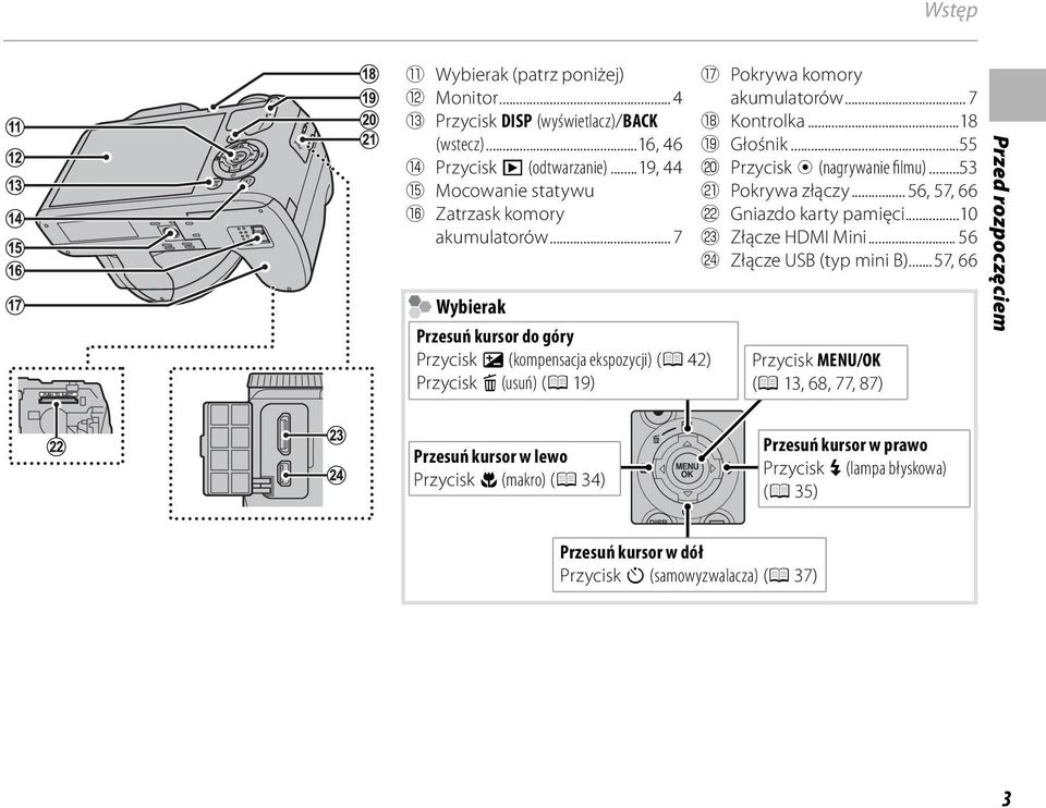 .. 7 Wybierak Przesuń kursor do góry Przycisk d (kompensacja ekspozycji) (P 42) Przycisk b (usuń) (P 19) Q Pokrywa komory akumulatorów... 7 R Kontrolka...18 S Głośnik.
