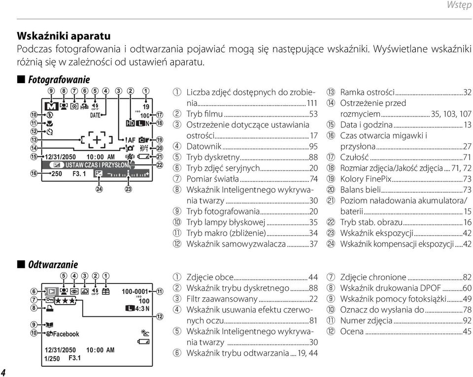 ..17 D Datownik...95 E Tryb dyskretny...88 F Tryb zdjęć seryjnych...20 G Pomiar światła...74 H Wskaźnik Inteligentnego wykrywania twarzy...30 I Tryb fotografowania...20 J Tryb lampy błyskowej.