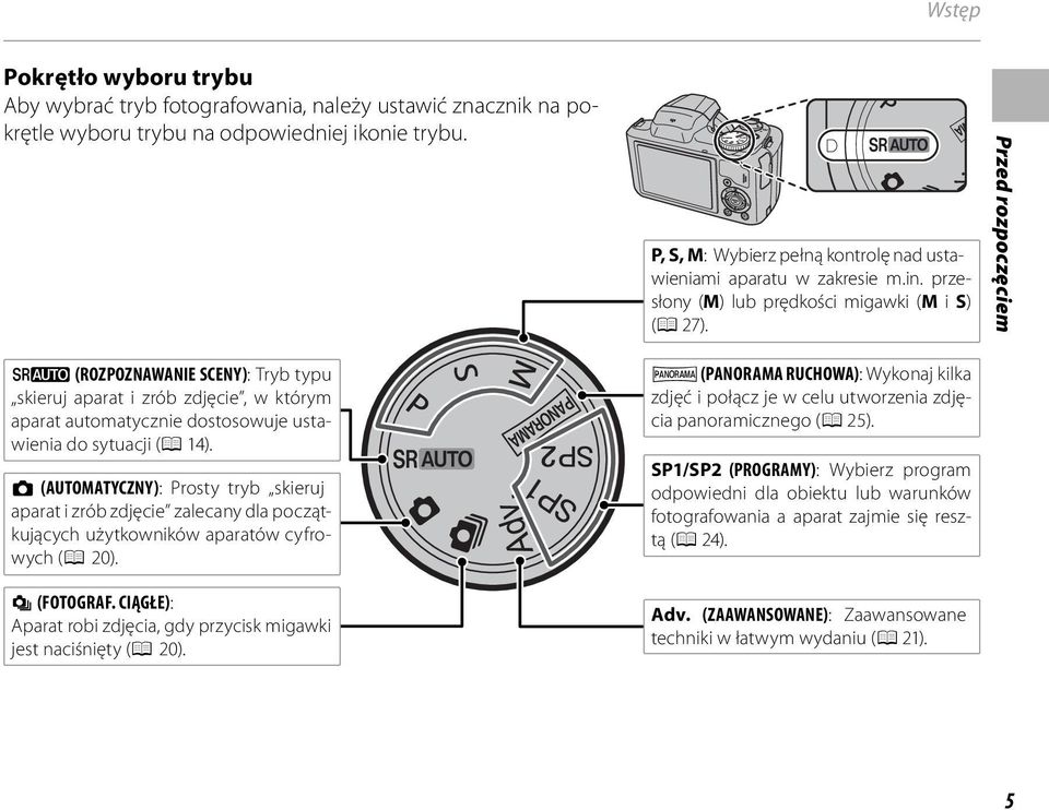 Przed rozpoczęciem M (ROZPOZNAWANIE SCENY): Tryb typu skieruj aparat i zrób zdjęcie, w którym aparat automatycznie dostosowuje ustawienia do sytuacji (P 14).