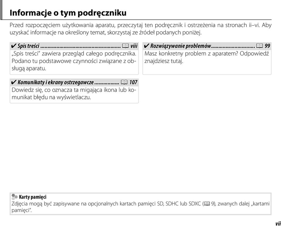 Podano tu podstawowe czynności związane z obsługą aparatu. Rozwiązywanie problemów...p 99 Masz konkretny problem z aparatem? Odpowiedź znajdziesz tutaj.