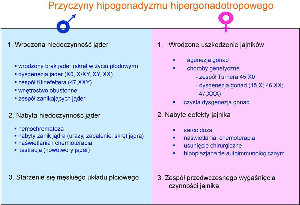 Nabyta niedoczynność jąder hemochromatoza nabyty zanik jądra (urazy, zapalenie, skręt jądra) naświetlania i chemioterapia kastracja (nowotwory jąder) 1.