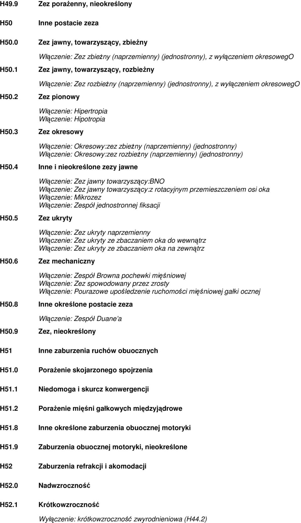 3 Zez okresowy Włączenie: Okresowy:zez zbieżny (naprzemienny) (jednostronny) Włączenie: Okresowy:zez rozbieżny (naprzemienny) (jednostronny) H50.4 Inne i nieokreślone zezy jawne H50.