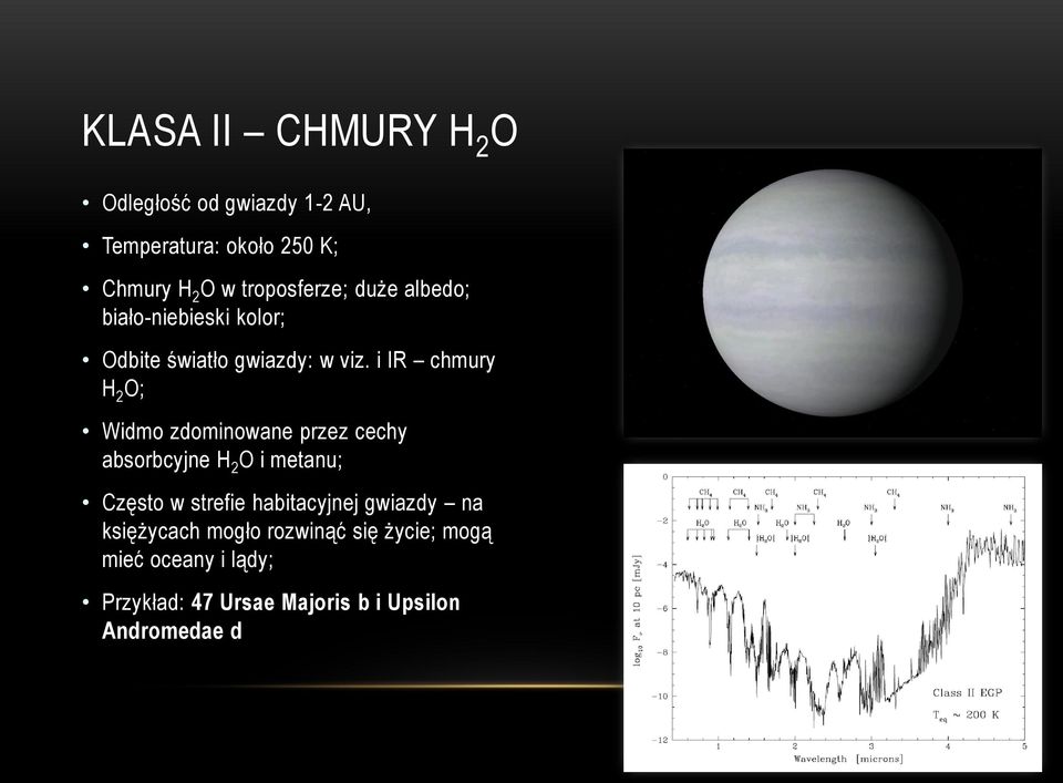 i IR chmury H 2 O; Widmo zdominowane przez cechy absorbcyjne H 2 O i metanu; Często w strefie