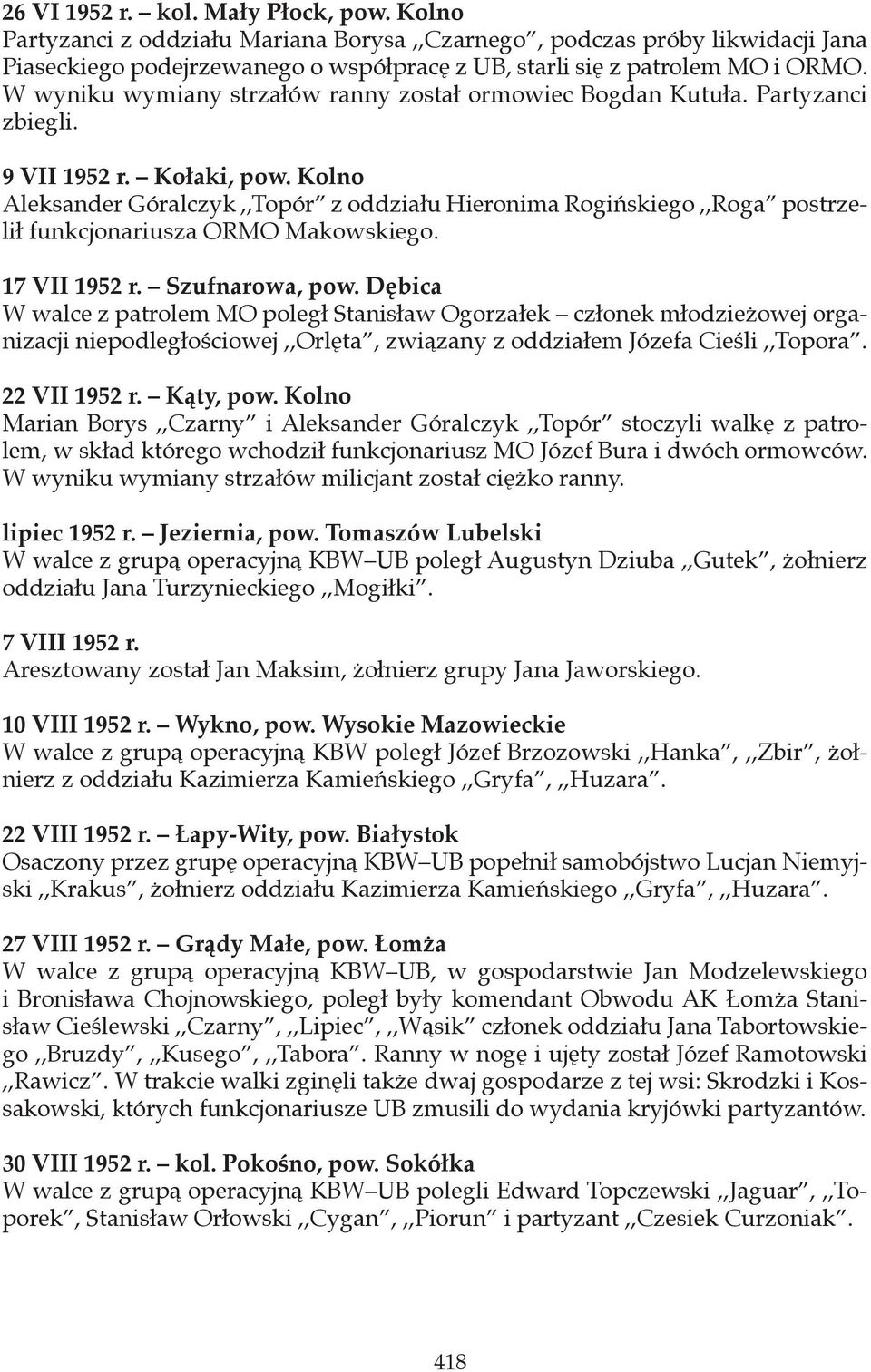 Kolno Aleksander Góralczyk,,Topór z oddziału Hieronima Rogińskiego,,Roga postrzelił funkcjonariusza ORMO Makowskiego. 17 VII 1952 r. Szufnarowa, pow.