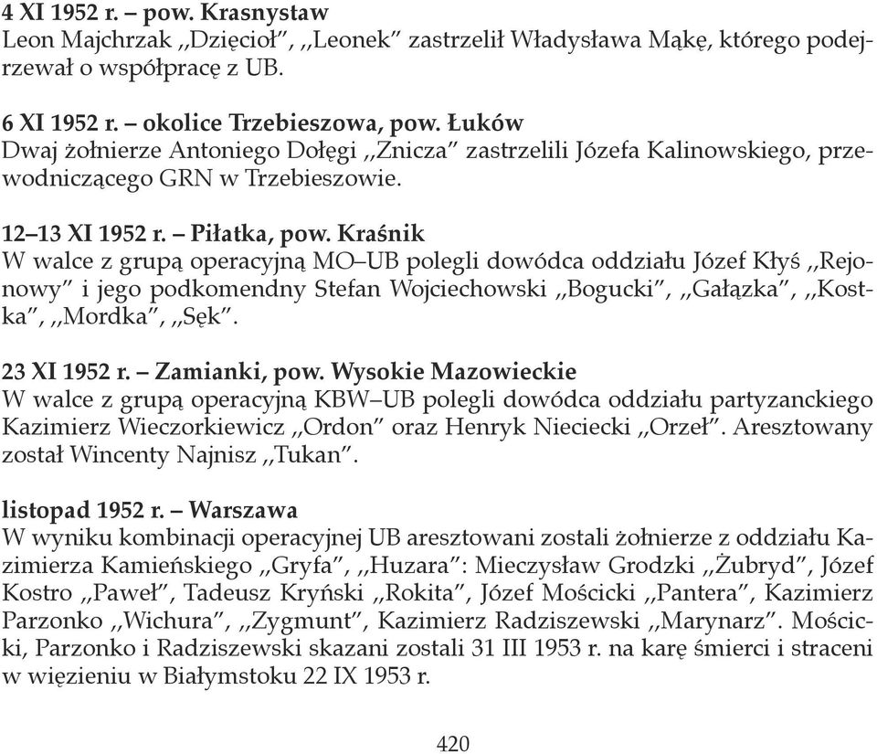 Kraśnik W walce z grupą operacyjną MO UB polegli dowódca oddziału Józef Kłyś,,Rejonowy i jego podkomendny Stefan Wojciechowski,,Bogucki,,,Gałązka,,,Kostka,,,Mordka,,,Sęk. 23 XI 1952 r. Zamianki, pow.