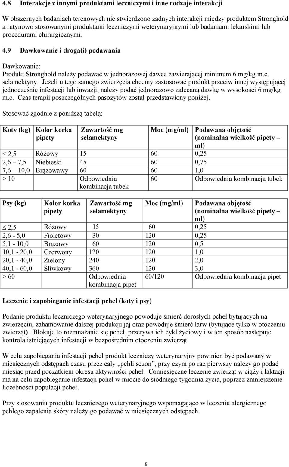 9 Dawkowanie i droga(i) podawania Dawkowanie: Produkt Stronghold należy podawać w jednorazowej dawce zawierającej minimum 6 mg/kg m.c. selamektyny.