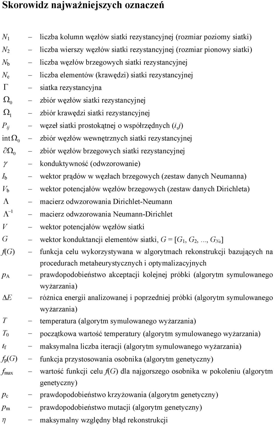 i,j int Ω zbiór węzłów wewnętrznych sitki rezystncyjnej Ω zbiór węzłów brzegowych sitki rezystncyjnej γ konduktywność odwzorownie I b wektor prądów w węzłch brzegowych zestw dnych Neumnn V b wektor