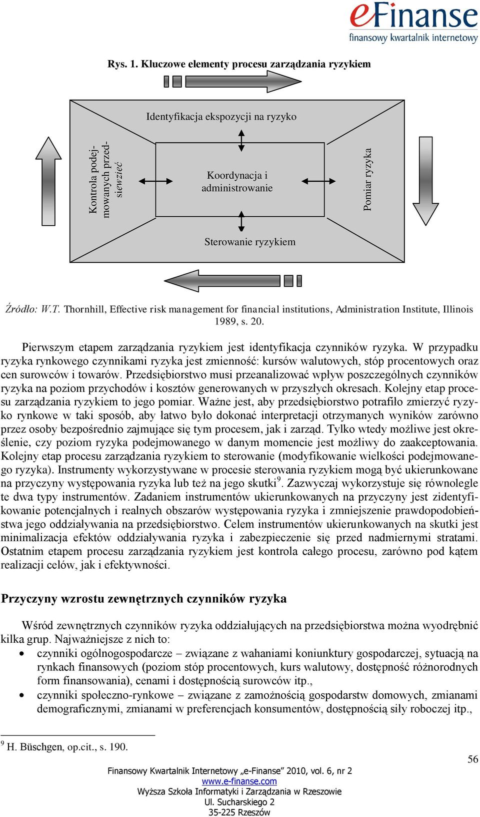 Thornhill, Effective risk management for financial institutions, Administration Institute, Illinois 1989, s. 20. Pierwszym etapem zarządzania ryzykiem jest identyfikacja czynników ryzyka.