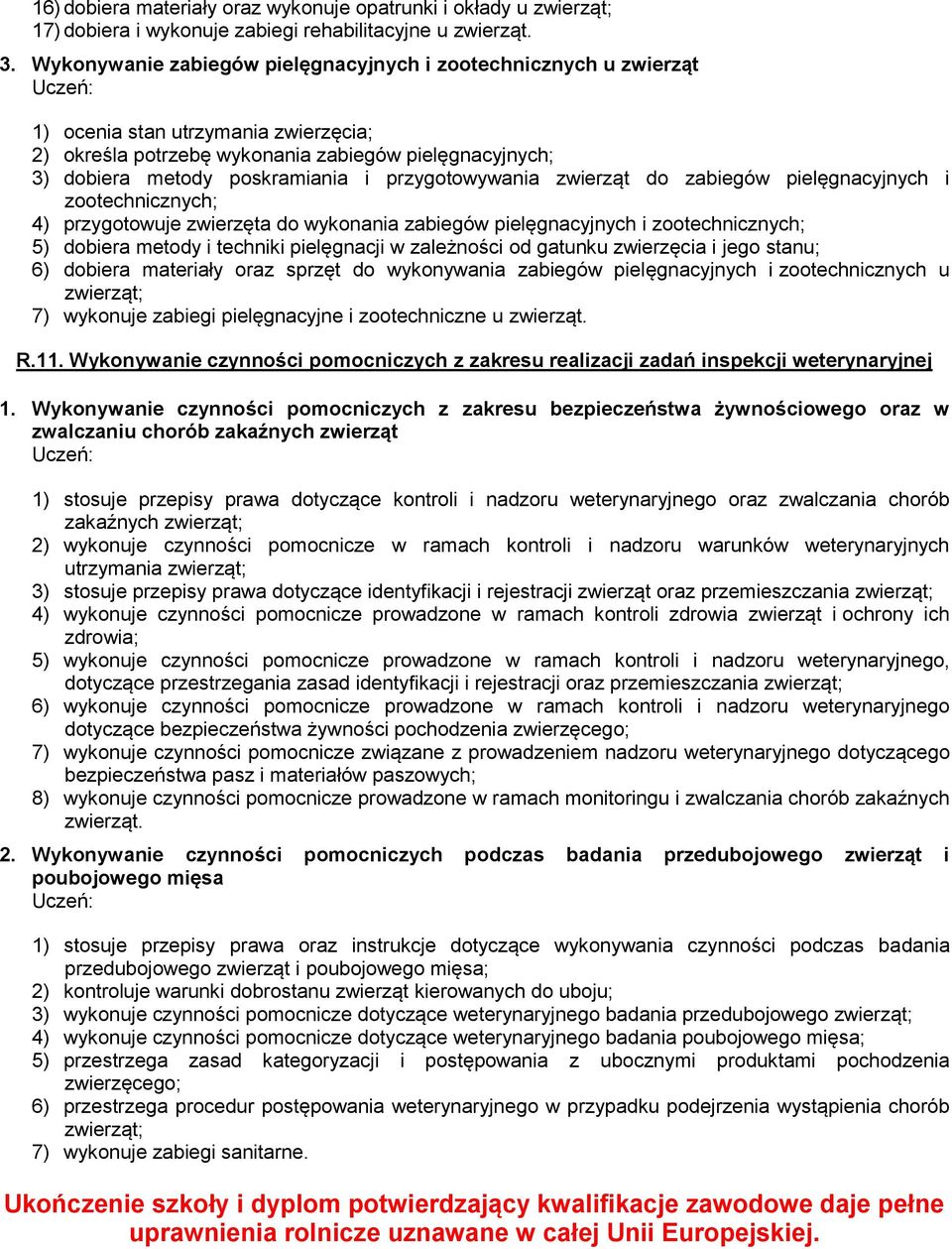 przygotowywania zwierząt do zabiegów pielęgnacyjnych i zootechnicznych; 4) przygotowuje zwierzęta do wykonania zabiegów pielęgnacyjnych i zootechnicznych; 5) dobiera metody i techniki pielęgnacji w