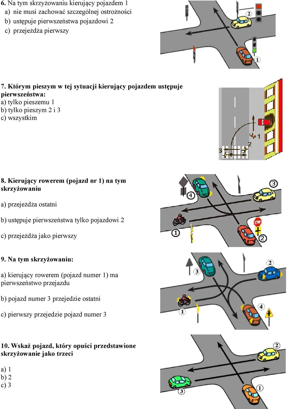 Kierujący rowerem (pojazd nr 1) na tym skrzyżowaniu a) przejeżdża ostatni b) ustępuje pierwszeństwa tylko pojazdowi 2 c) przejeżdża jako pierwszy 9.