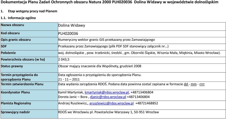 1. Informacje ogólne Nazwa obszaru Dolina Widawy Kod obszaru Opis granic obszaru SDF Położenie PLH020036 Numeryczny wektor granic GIS przekazany przez Zamawiającego Przekazany przez Zamawiającego