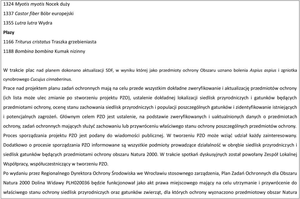 Prace nad projektem planu zadań ochronnych mają na celu przede wszystkim dokładne zweryfikowanie i aktualizację przedmiotów ochrony (ich lista może ulec zmianie po stworzeniu projektu PZO), ustalenie