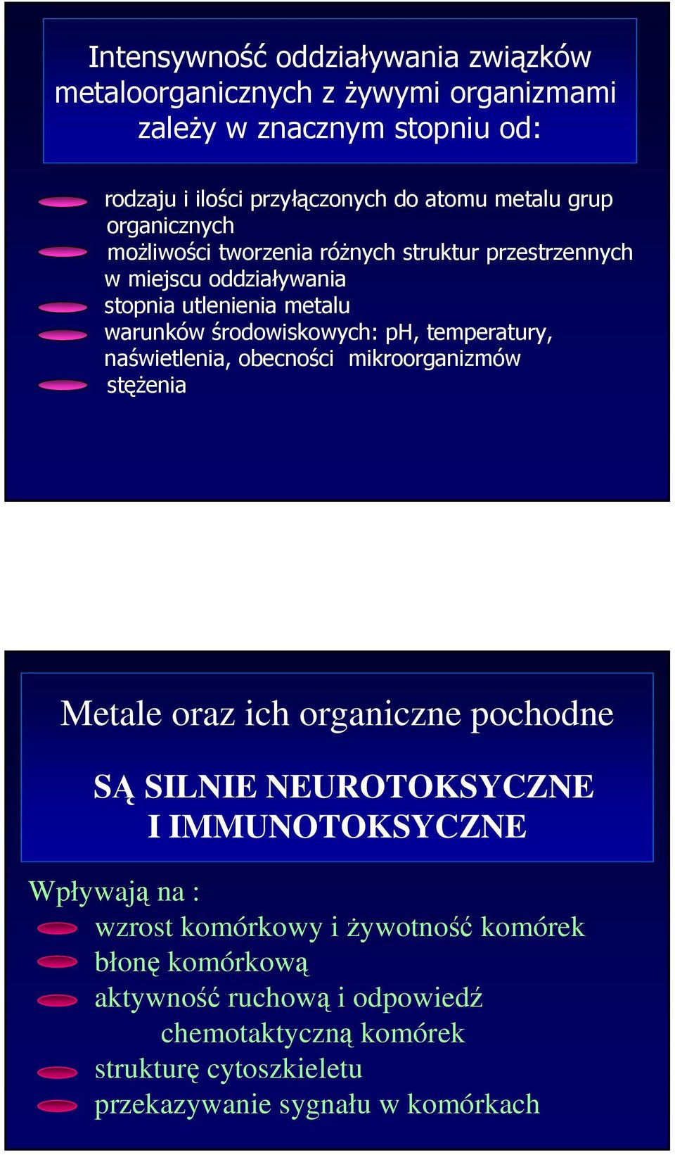 temperatury, naświetlenia, obecności mikroorganizmów stęŝenia Metale oraz ich organiczne pochodne SĄ SILNIE NEUROTOKSYCZNE I IMMUNOTOKSYCZNE Wpływają na :