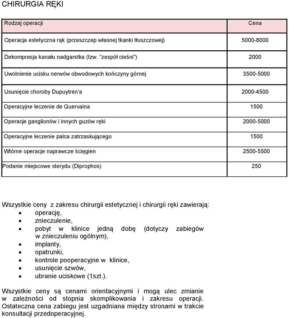 ręki 2000-5000 Operacyjne leczenie palca zatrzaskującego 1500 Wtórne operacje naprawcze ścięgien 2500-5500 Podanie miejscowe sterydu (Diprophos) 250 Wszystkie ceny z zakresu chirurgii estetycznej i