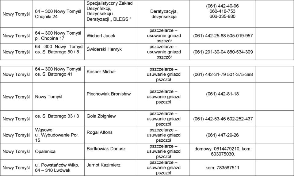 S. Batorego 33 / 3 Wąsowo ul. Wybudowanie Poł. 15 Opalenica ul. Powstańców Wlkp.