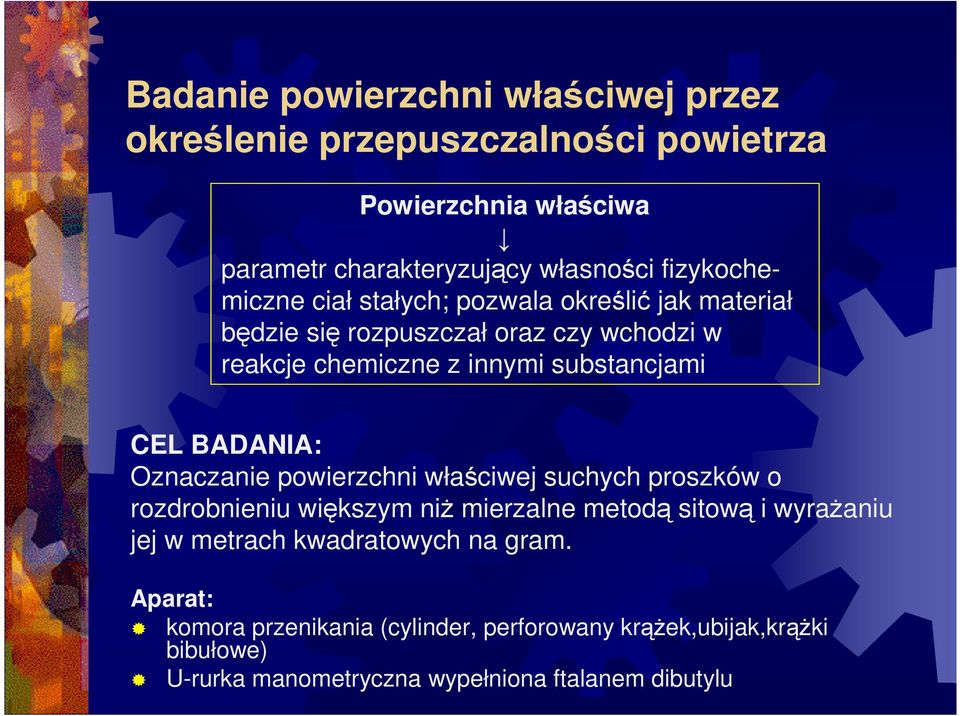 CEL BADANIA: Oznaczanie powierzchni właściwej suchych proszków o rozdrobnieniu większym niŝ mierzalne metodą sitową i wyraŝaniu jej w metrach