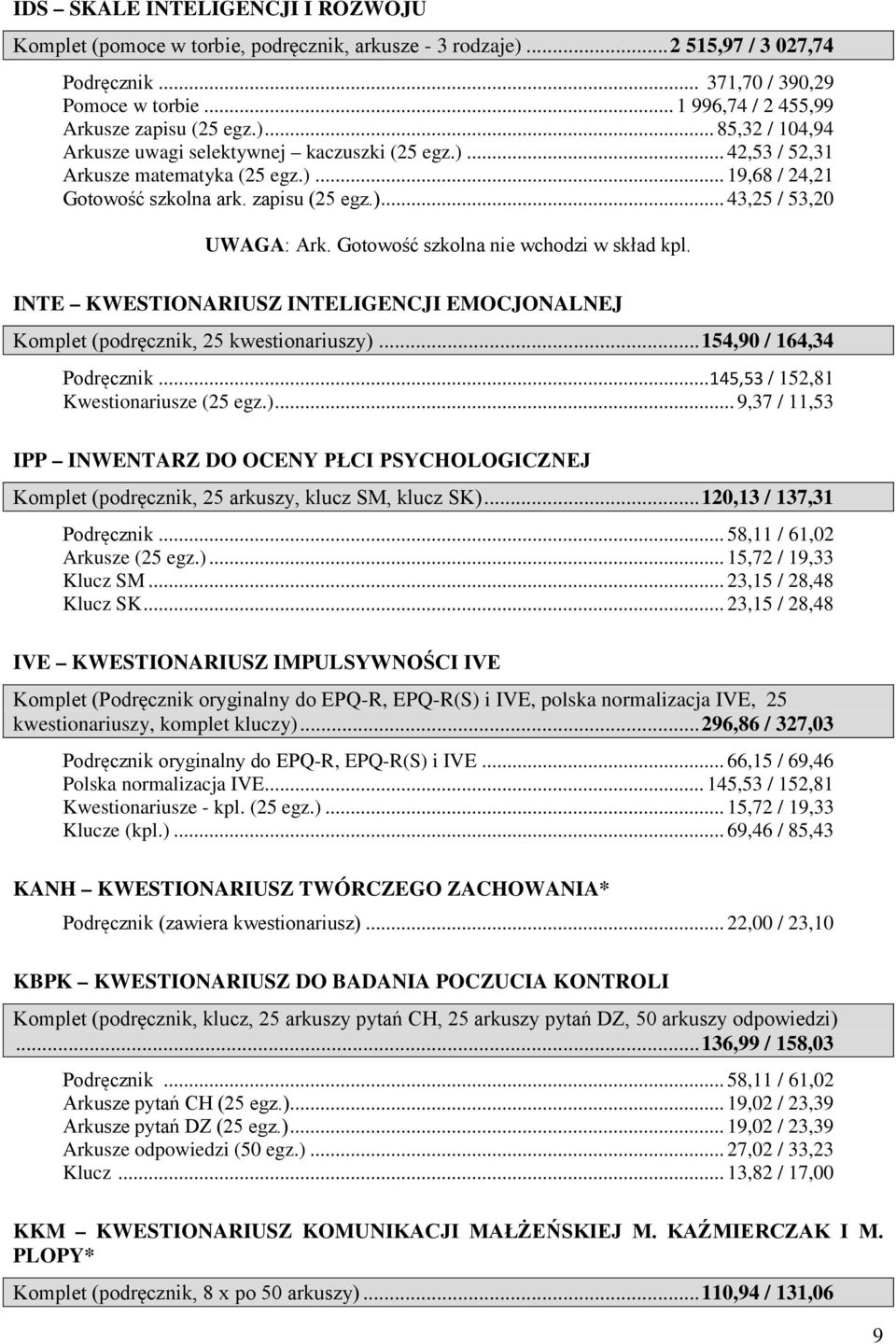 zapisu (25 egz.)... 43,25 / 53,20 UWAGA: Ark. Gotowość szkolna nie wchodzi w skład kpl. INTE KWESTIONARIUSZ INTELIGENCJI EMOCJONALNEJ Komplet (podręcznik, 25 kwestionariuszy).