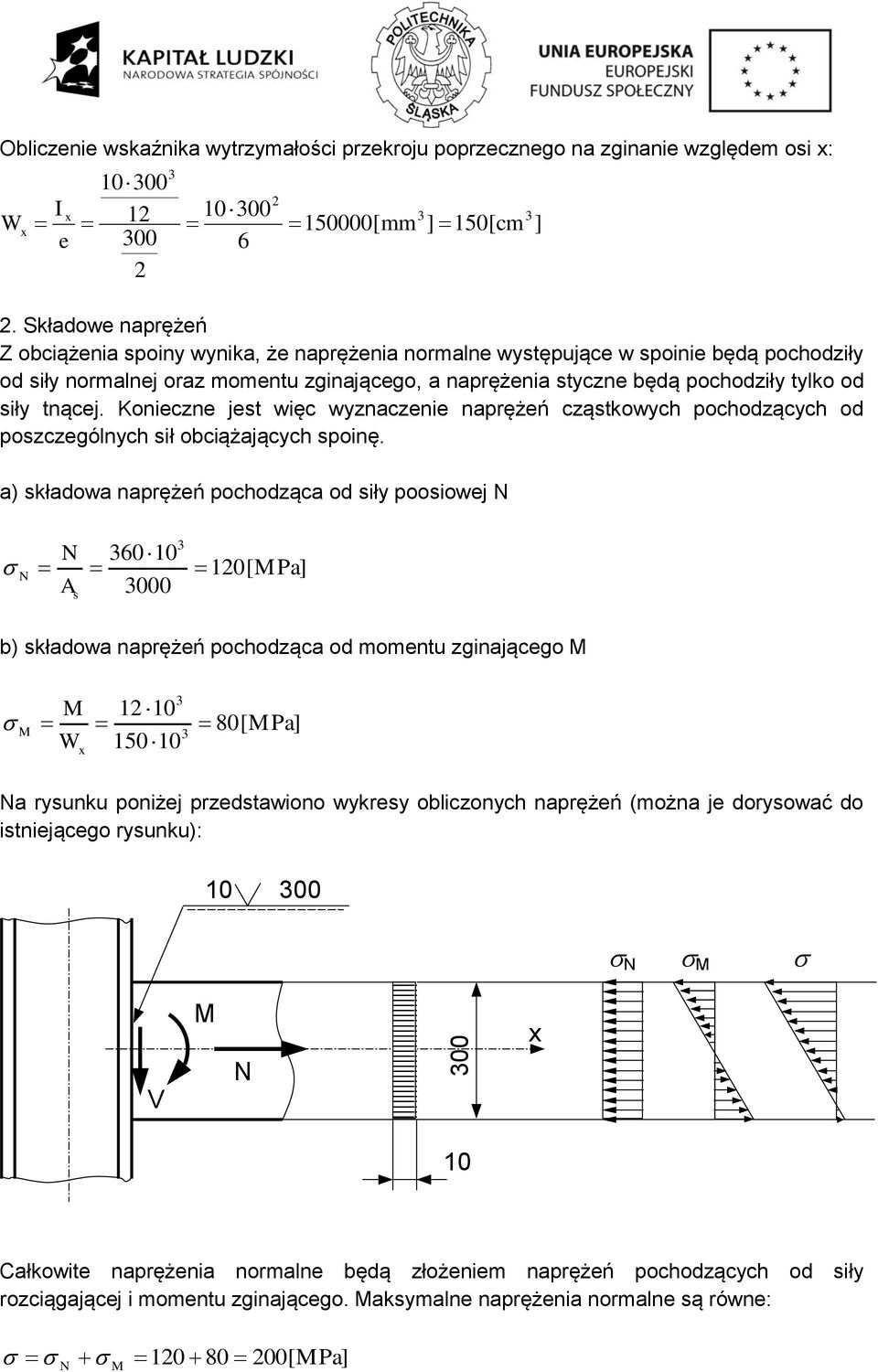 siły tnącej. Konieczne jest więc wyznaczenie naprężeń cząstkowych pochodzących od poszczególnych sił obciążających spoinę.