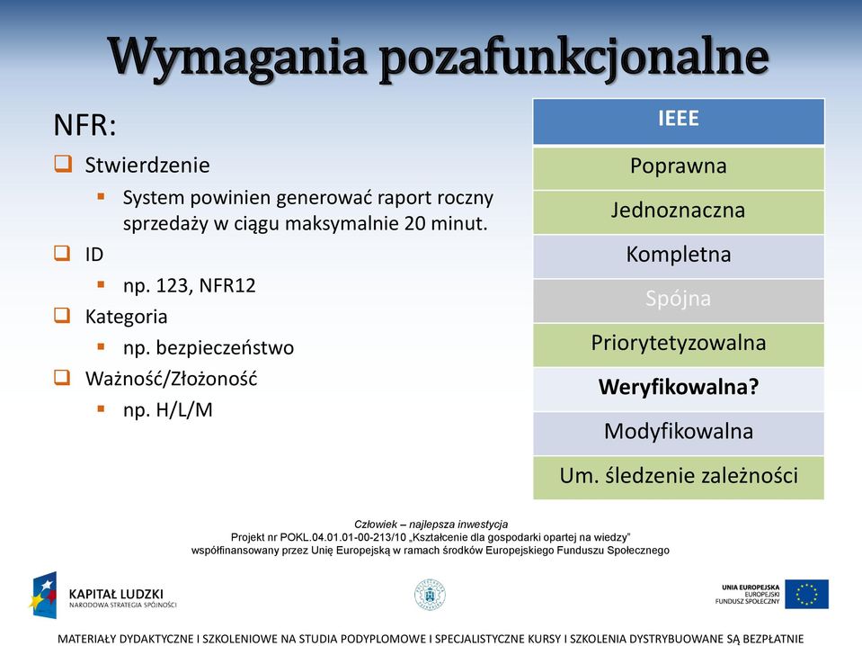 H/L/M IEEE Poprawna Jednoznaczna Kompletna Spójna Priorytetyzowalna Weryfikowalna? Modyfikowalna Um.