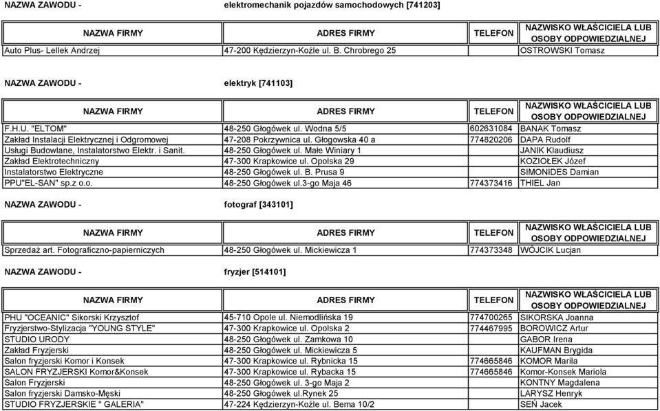 48-250 Głogówek ul. Małe Winiary 1 JANIK Klaudiusz Zakład Elektrotechniczny 47-300 Krapkowice ul. Opolska 29 KOZIOŁEK Józef Instalatorstwo Elektryczne 48-250 Głogówek ul. B.