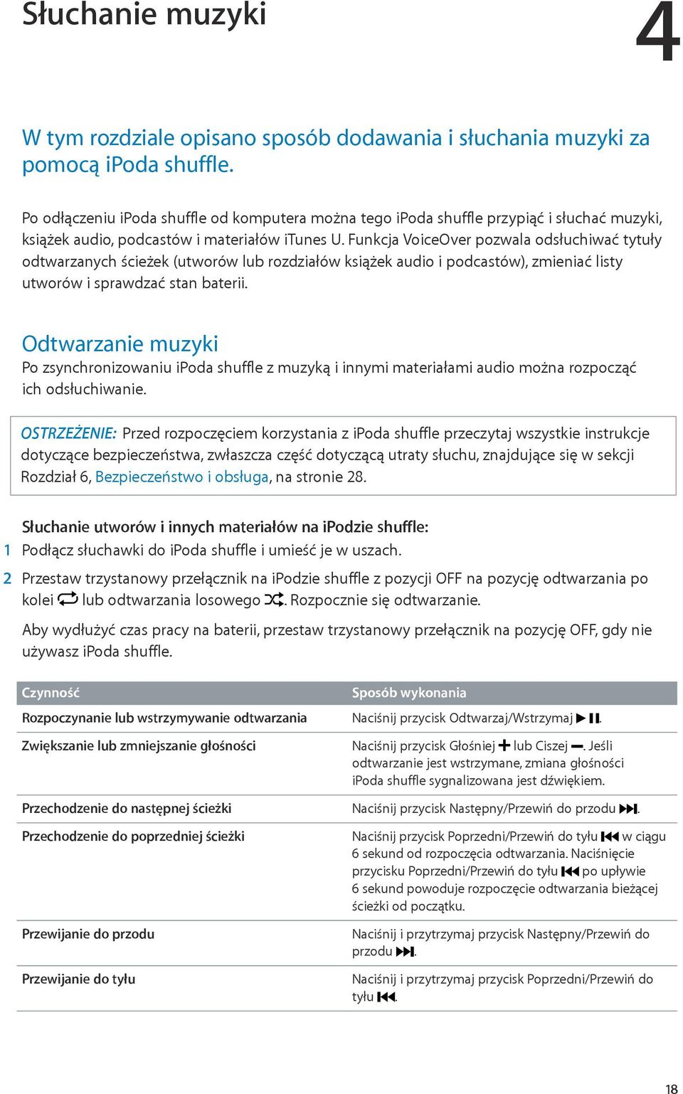 Funkcja VoiceOver pozwala odsłuchiwać tytuły odtwarzanych ścieżek (utworów lub rozdziałów książek audio i podcastów), zmieniać listy utworów i sprawdzać stan baterii.