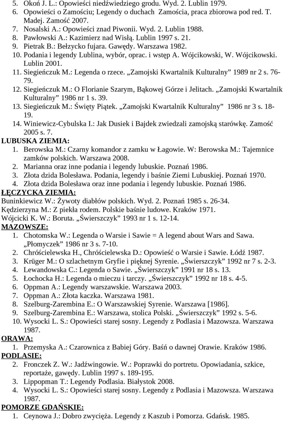 Podania i legendy Lublina, wybór, oprac. i wstęp A. Wójcikowski, W. Wójcikowski. Lublin 2001. 11. Siegieńczuk M.: Legenda o rzece. Zamojski Kwartalnik Kulturalny 1989 nr 2 s. 76-79. 12. Siegieńczuk M.: O Florianie Szarym, Bąkowej Górze i Jelitach.