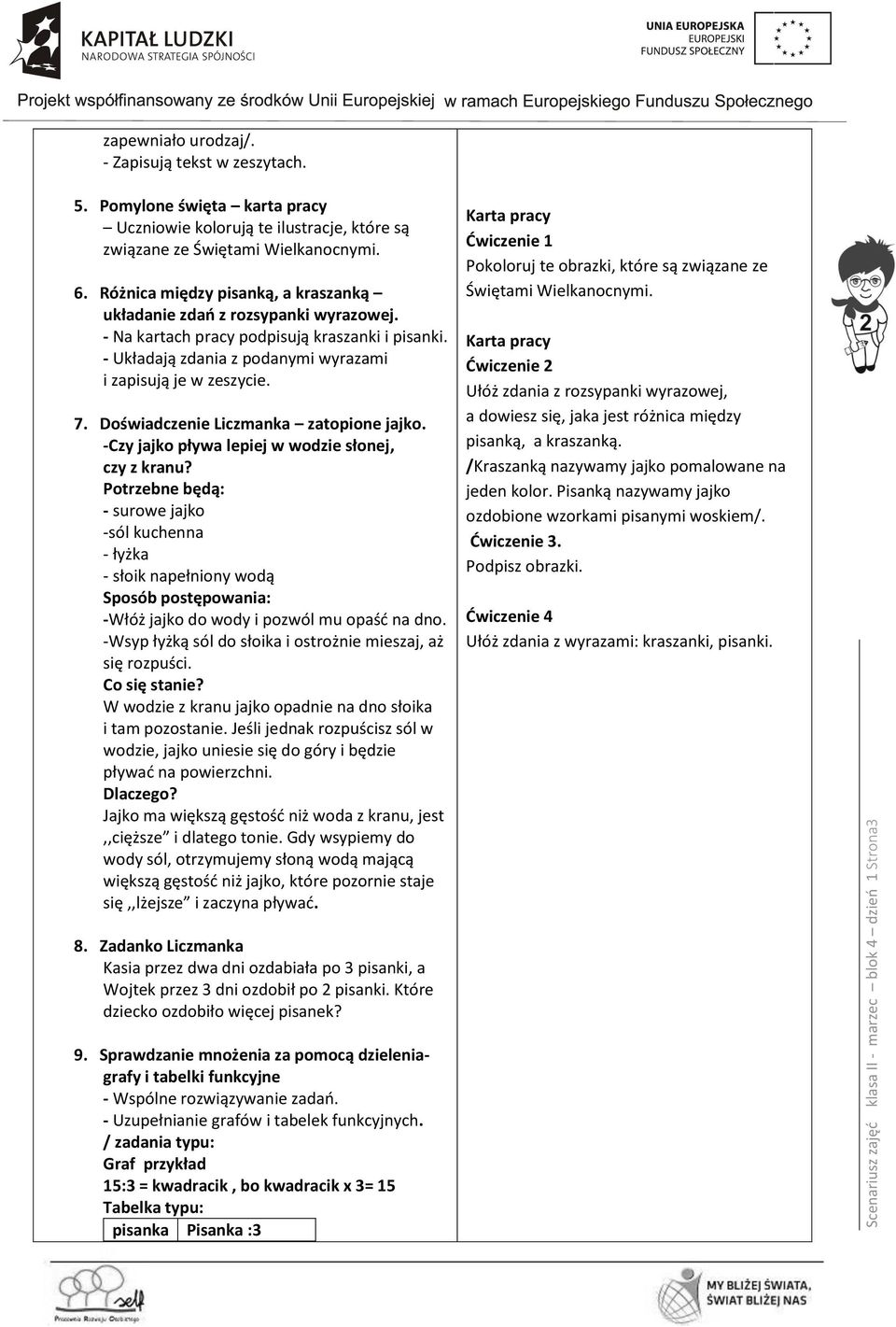 - Na kartach pracy podpisują kraszanki i pisanki. - Układają zdania z podanymi wyrazami i zapisują je w zeszycie. 7. Doświadczenie Liczmanka zatopione jajko.